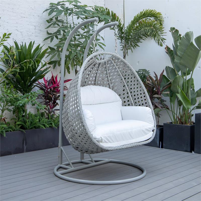 LeisureMod Mendoza Light Gray Wicker Patio Double Swing Chair in White