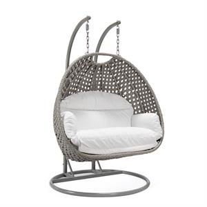 LeisureMod Mendoza Light Gray Wicker Patio Double Swing Chair in White