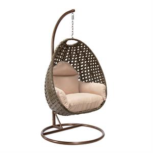 LeisureMod Beige Wicker Patio Egg Swing Chair with Stand in Beige