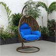 LeisureMod Beige Wicker Patio Egg Swing Chair with Stand in Blue