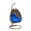 LeisureMod Beige Wicker Patio Egg Swing Chair with Stand in Blue