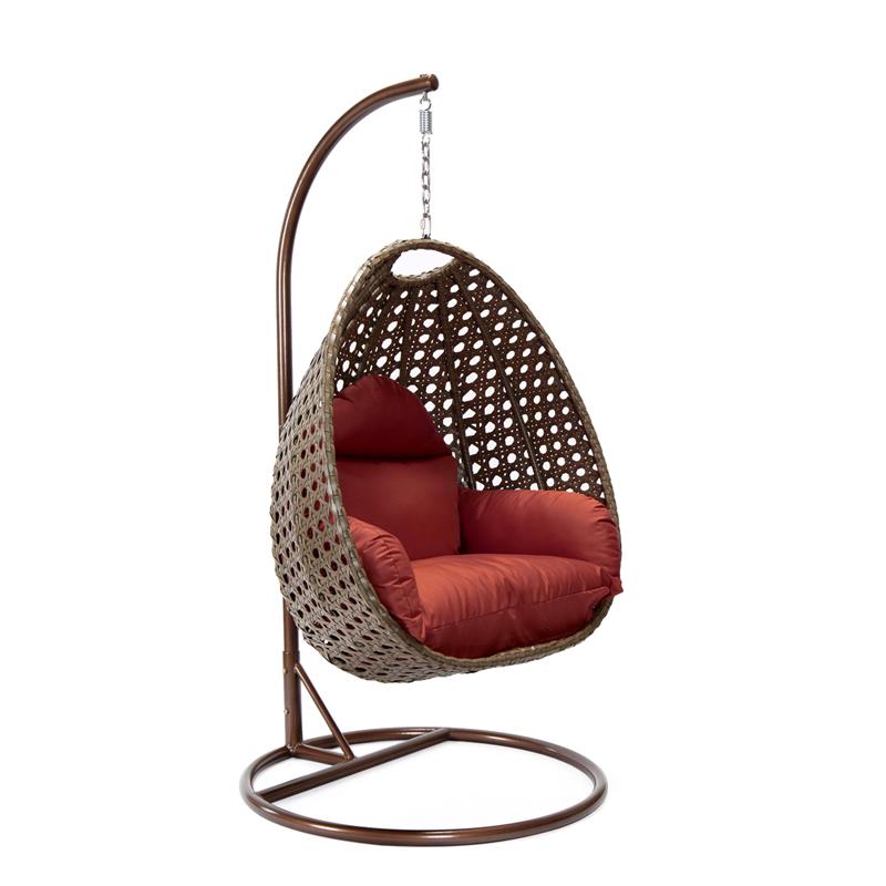 LeisureMod Beige Wicker Patio Egg Swing Chair with Stand in Cherry