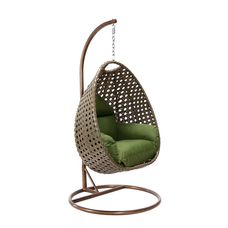LeisureMod Beige Wicker Patio Egg Swing Chair with Stand in Dark Green