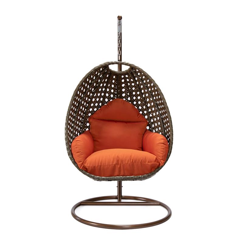 LeisureMod Beige Wicker Patio Egg Swing Chair with Stand in Orange