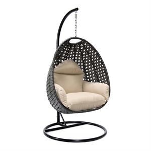 LeisureMod Charcoal Wicker Patio Egg Swing Chair with Stand in Beige