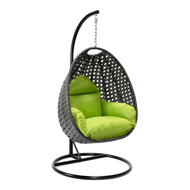 LeisureMod Charcoal Wicker Patio Egg Swing Chair with Stand in Light Green