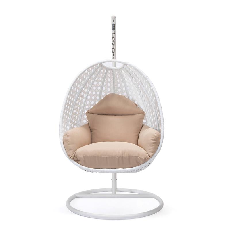 LeisureMod White Wicker Patio Egg Swing Chair with Stand in Beige