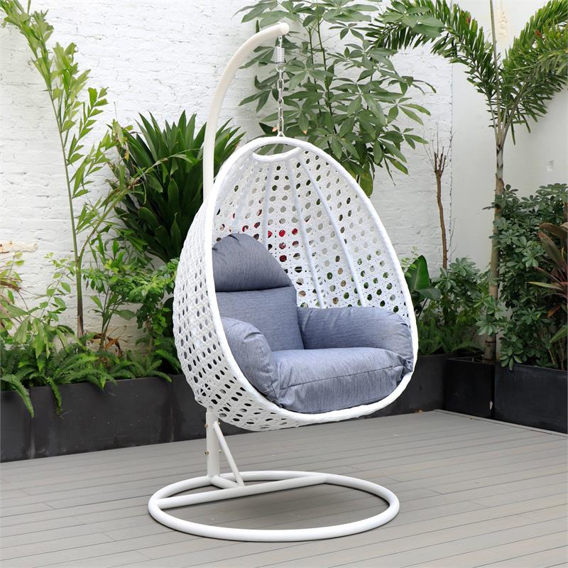 LeisureMod White Wicker Patio Egg Swing Chair with Stand in Charcoal Blue