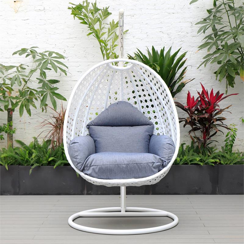 LeisureMod White Wicker Patio Egg Swing Chair with Stand in Charcoal Blue