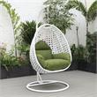 LeisureMod White Wicker Patio Egg Swing Chair with Stand in Dark Green