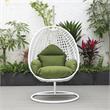 LeisureMod White Wicker Patio Egg Swing Chair with Stand in Dark Green