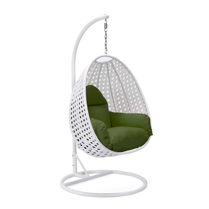 LeisureMod White Wicker Patio Egg Swing Chair with Stand in Dark Green