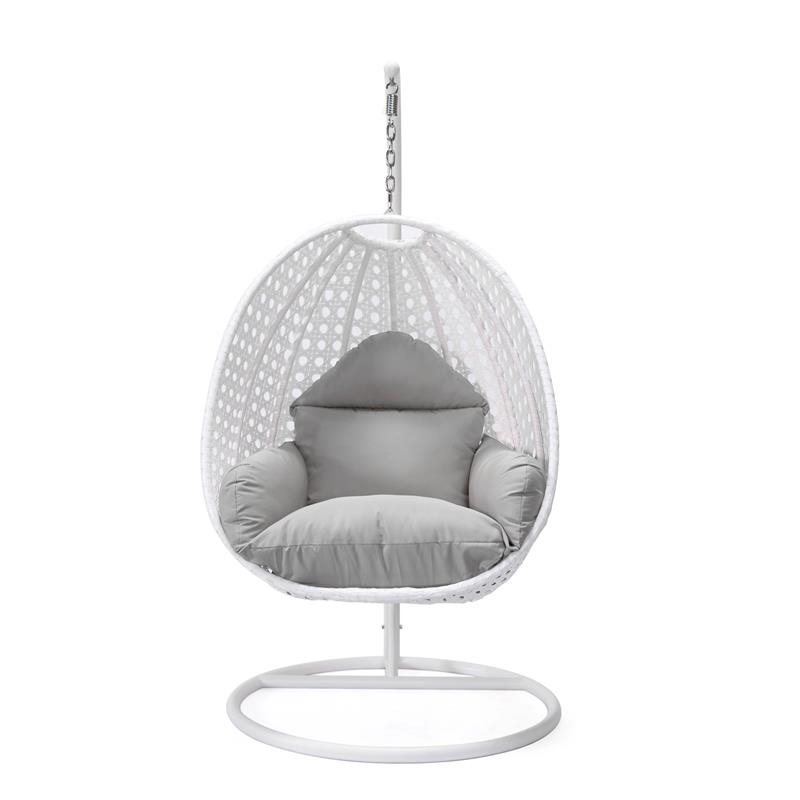 LeisureMod White Wicker Patio Egg Swing Chair with Stand in Light Grey