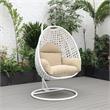 LeisureMod White Wicker Patio Egg Swing Chair with Stand in Taupe