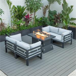 LeisureMod Chelsea 5-Pc Loveseat and Fire Pit Table Set with Light Grey Cushions
