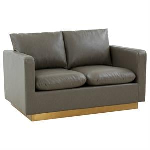 LeisureMod Nervo Modern Leather Loveseat With Gold Base In Gray