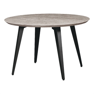 LeisureMod Ravenna Round Sunbleached Grey Wood 47&quot Dining Table W/ Metal Legs