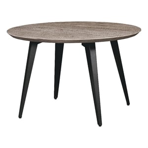 LeisureMod Ravenna Round Weathered Oak Wood 47&quot Dining Table W/ Metal Legs