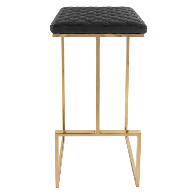 LeisureMod Quincy Stitched Leather Gold Metal Bar Stools set 2 in Charcoal Black