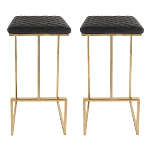 LeisureMod Quincy Stitched Leather Gold Metal Bar Stools set 2 in Charcoal Black