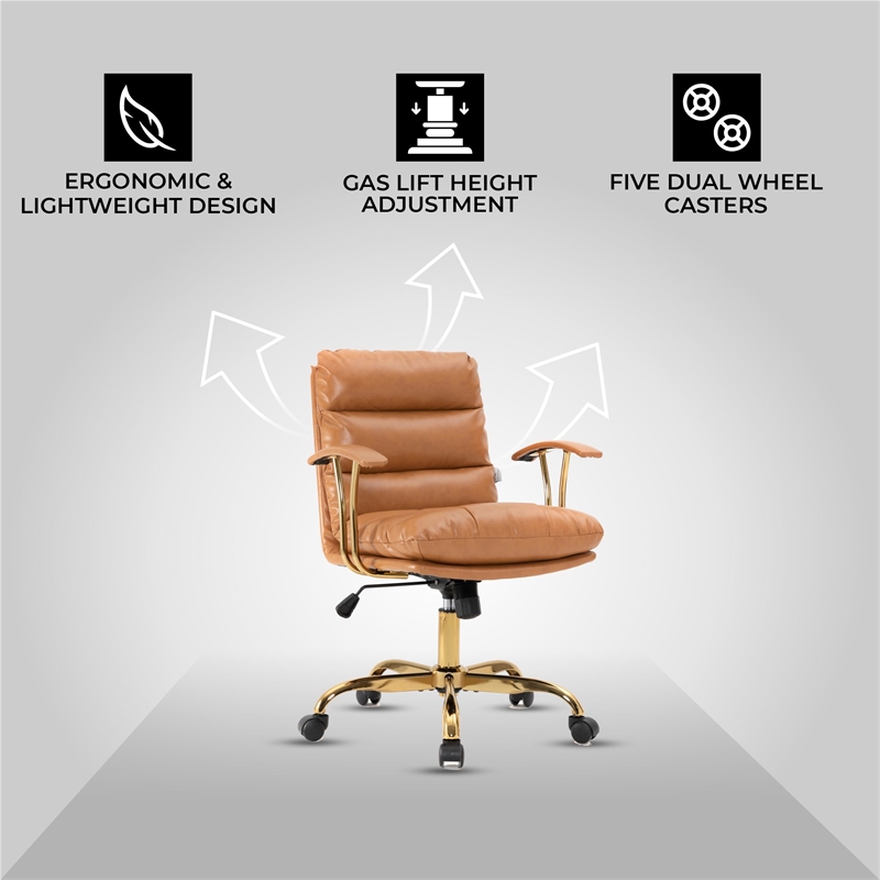 LeisureMod Regina Modern Padded Leather Executive Office Chair in Saddle Brown
