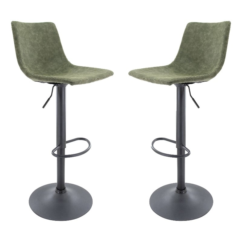 LeisureMod Tilbury Modern Adjustable Bar Stool Set of 2 in Olive Green