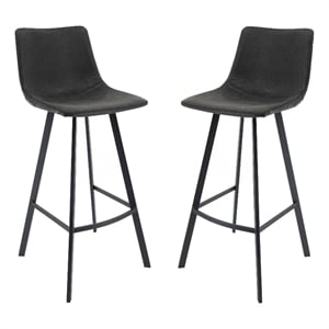 LeisureMod Elland Modern Upholstered Leather Bar Stool Charcoal Black Set of 2