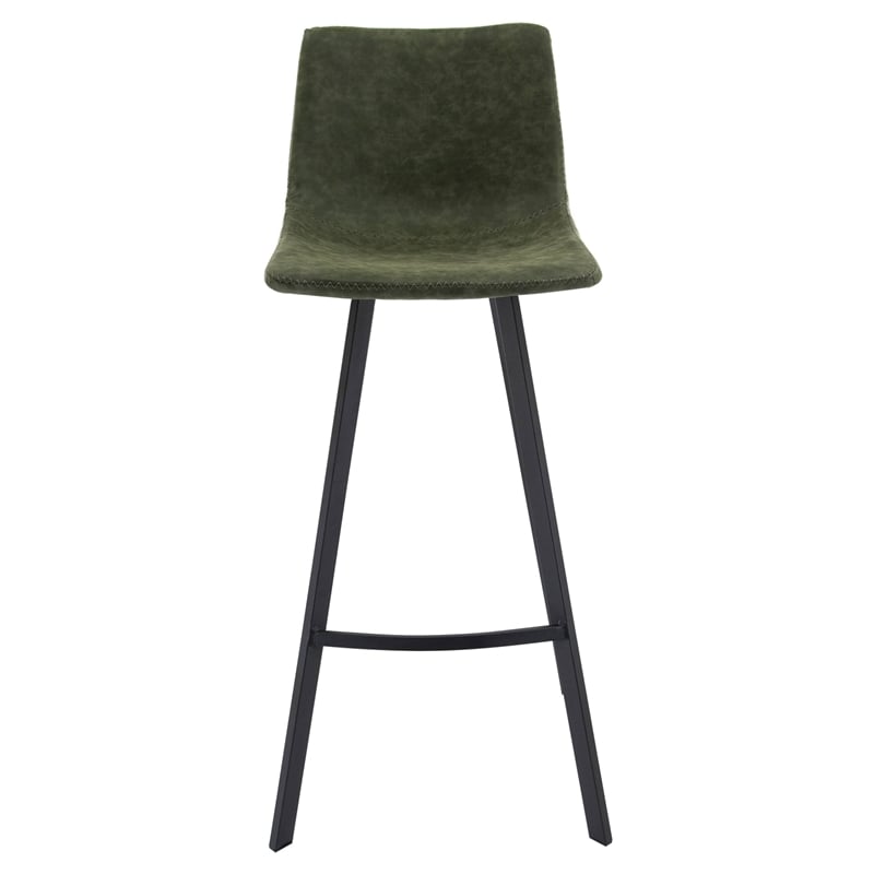 LeisureMod Elland Modern Upholstered Leather Bar Stool Olive Green Set of 2