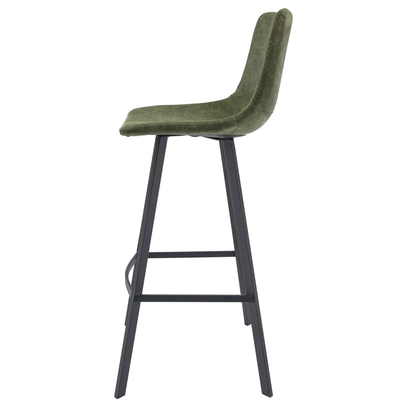 LeisureMod Elland Modern Upholstered Leather Bar Stool Olive Green Set of 2