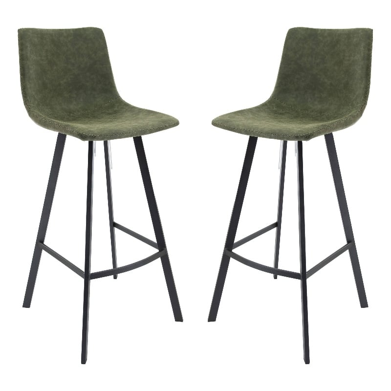 LeisureMod Elland Modern Upholstered Leather Bar Stool Olive Green Set of 2