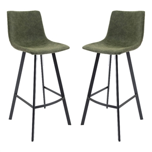 LeisureMod Elland Modern Upholstered Leather Bar Stool Olive Green Set of 2