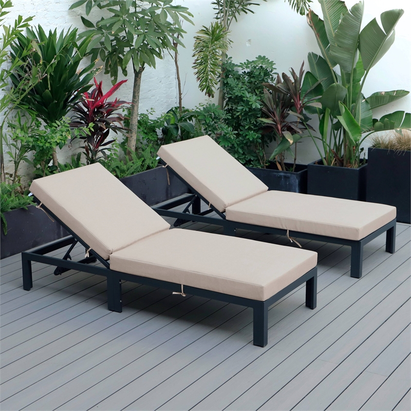 LeisureMod Chelsea Outdoor Chaise Lounge Chair With Beige Cushions Set of 2