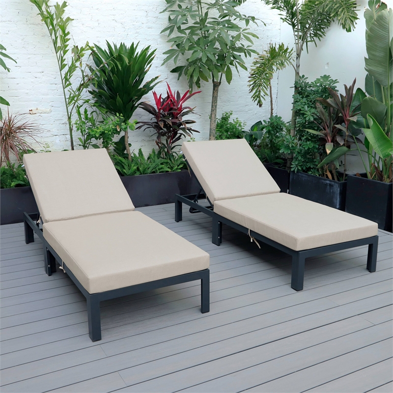 LeisureMod Chelsea Outdoor Chaise Lounge Chair With Beige Cushions Set of 2