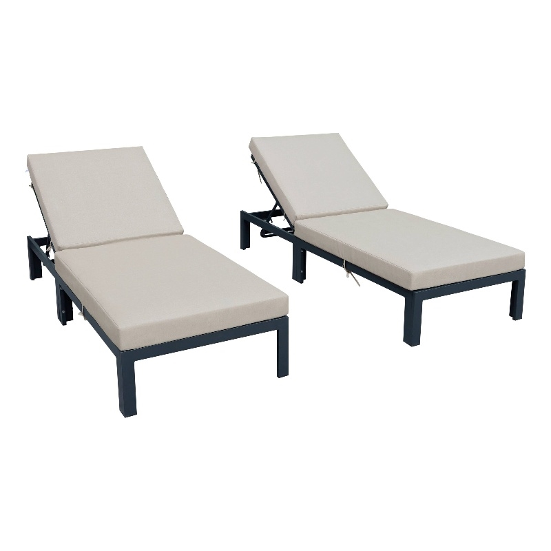 LeisureMod Chelsea Outdoor Chaise Lounge Chair With Beige Cushions Set of 2