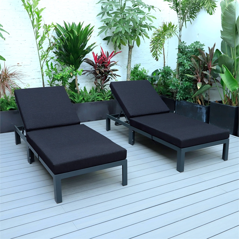 LeisureMod Chelsea Outdoor Chaise Lounge Chair With Black Cushions Set of 2