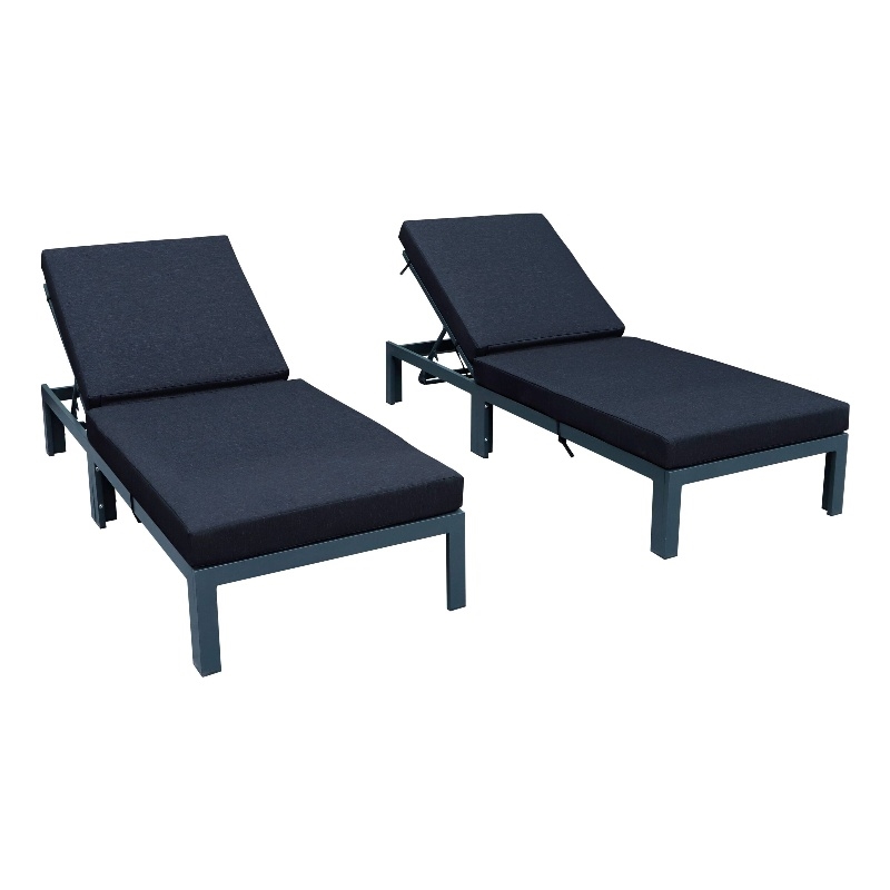 LeisureMod Chelsea Outdoor Chaise Lounge Chair With Black Cushions Set of 2
