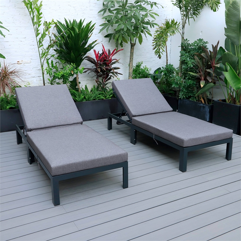 LeisureMod Chelsea Outdoor Chaise Lounge Chair With Blue Cushions Set of 2