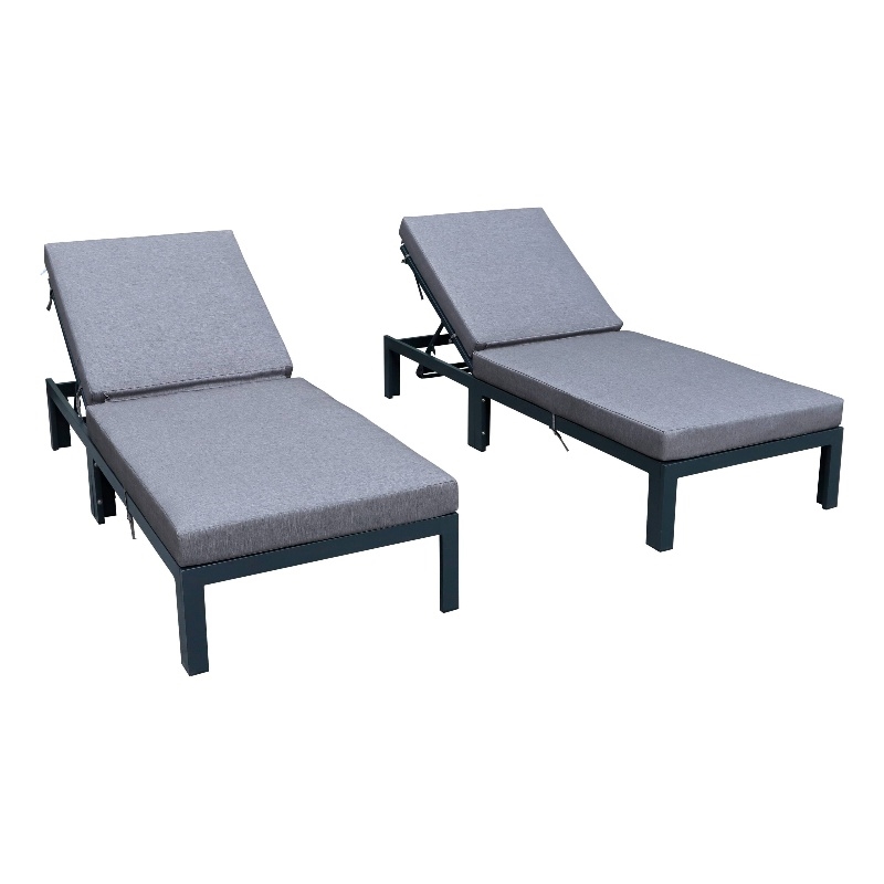 LeisureMod Chelsea Outdoor Chaise Lounge Chair With Blue Cushions Set of 2