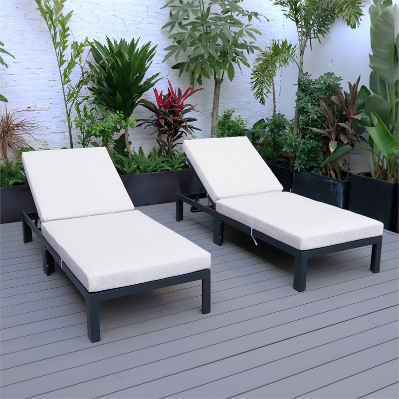 LeisureMod Chelsea Outdoor Chaise Lounge Chair With Light Grey Cushions Set of 2