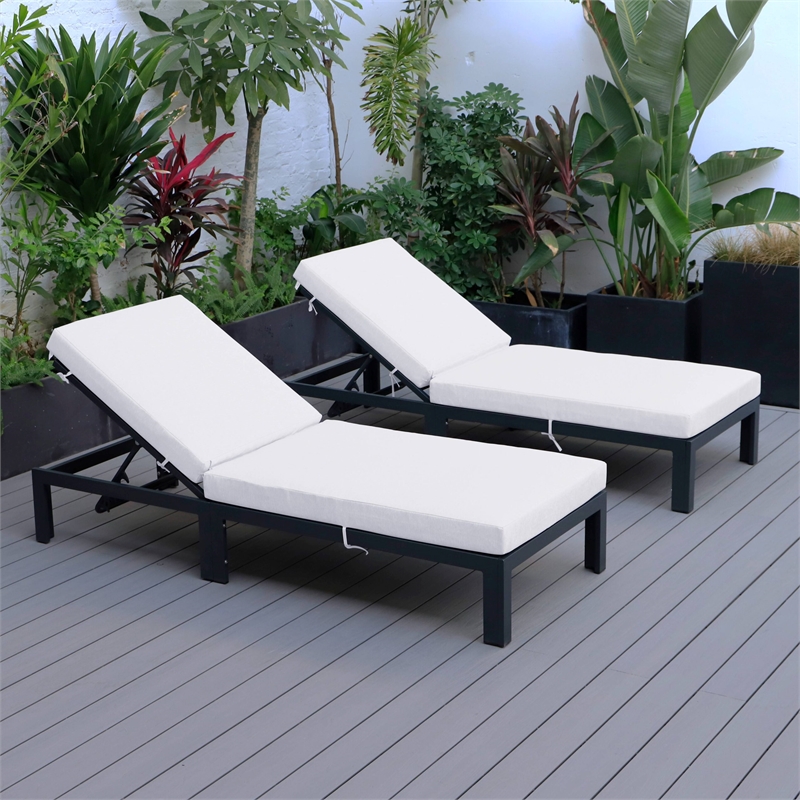 LeisureMod Chelsea Outdoor Chaise Lounge Chair With Light Grey Cushions Set of 2