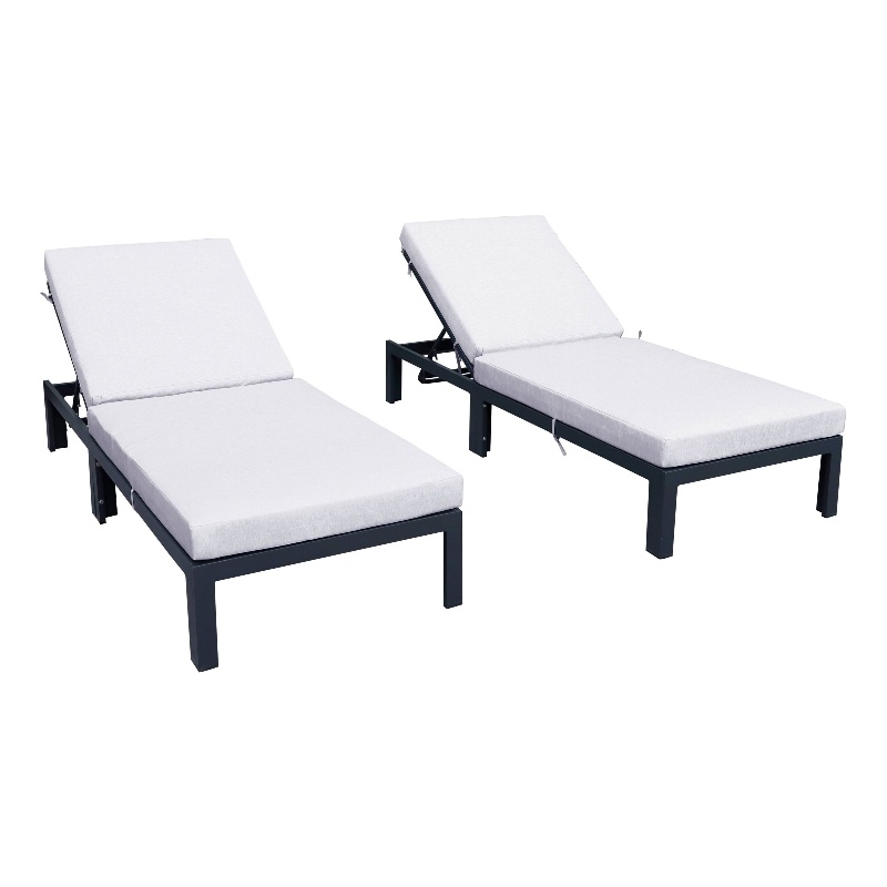 LeisureMod Chelsea Outdoor Chaise Lounge Chair With Light Grey Cushions Set of 2