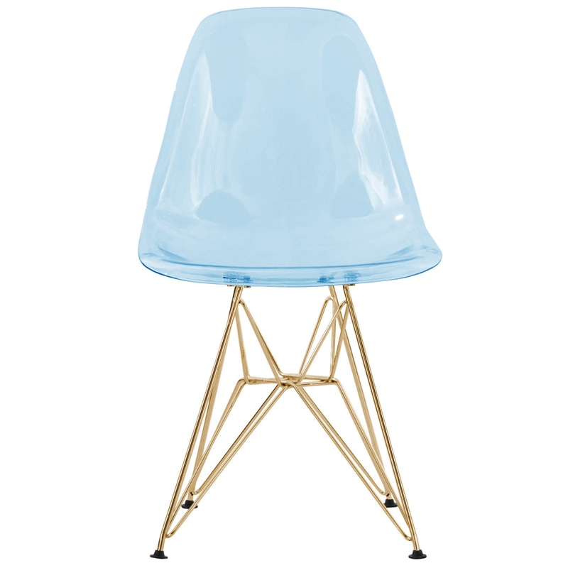 LeisureMod Cresco Modern Gold Eiffel Base Dining Side Chair in Transparent Blue