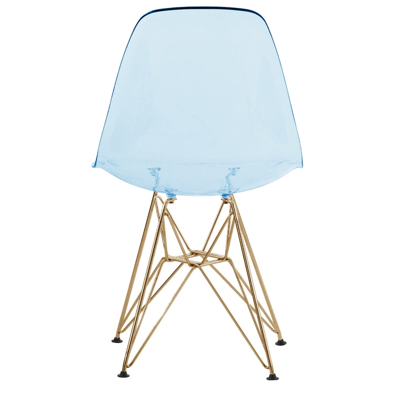 LeisureMod Cresco Modern Gold Eiffel Base Dining Side Chair in Transparent Blue