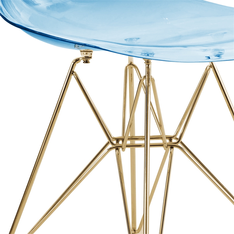 LeisureMod Cresco Modern Gold Eiffel Base Dining Side Chair in Transparent Blue