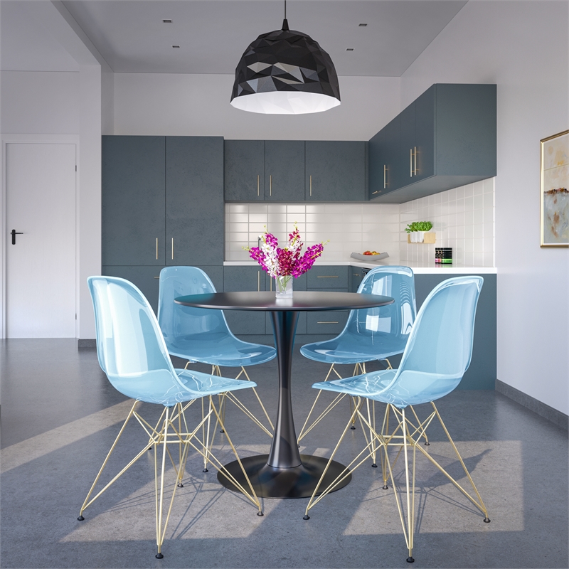 LeisureMod Cresco Modern Gold Eiffel Base Dining Side Chair in Transparent Blue