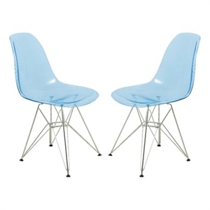 LeisureMod Cresco Eiffel Base Dining Side Chair Set of 2 in Transparent Blue