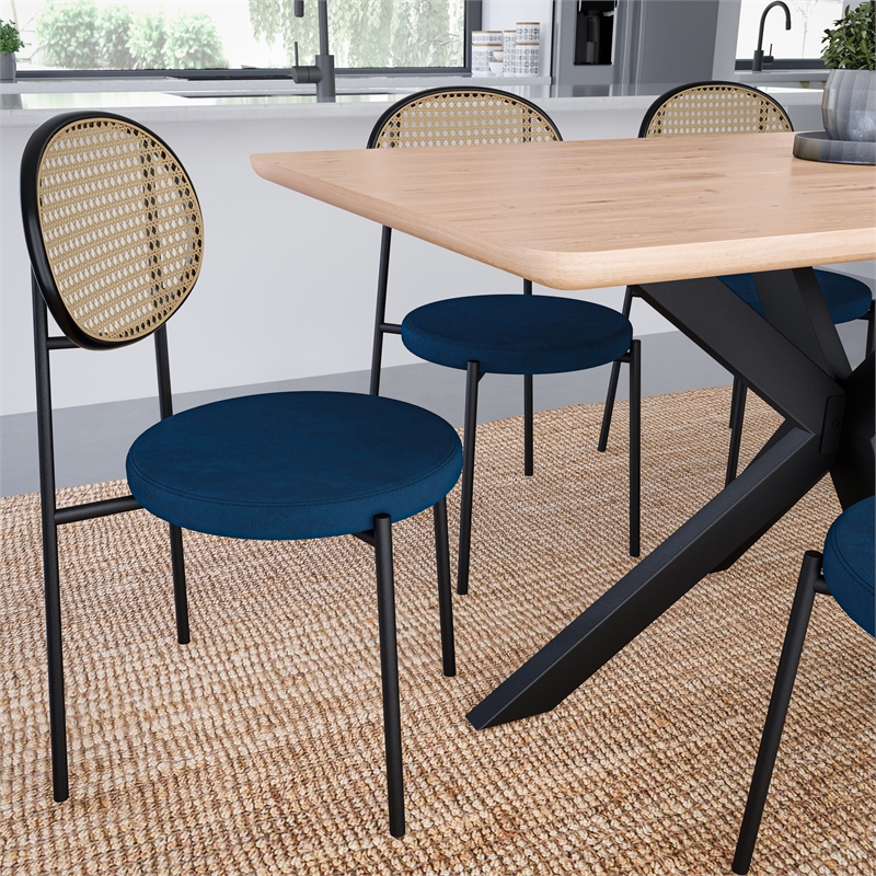 LeisureMod Euston Modern Wicker Dining Chair with Velvet Round Seat in Navy Blue