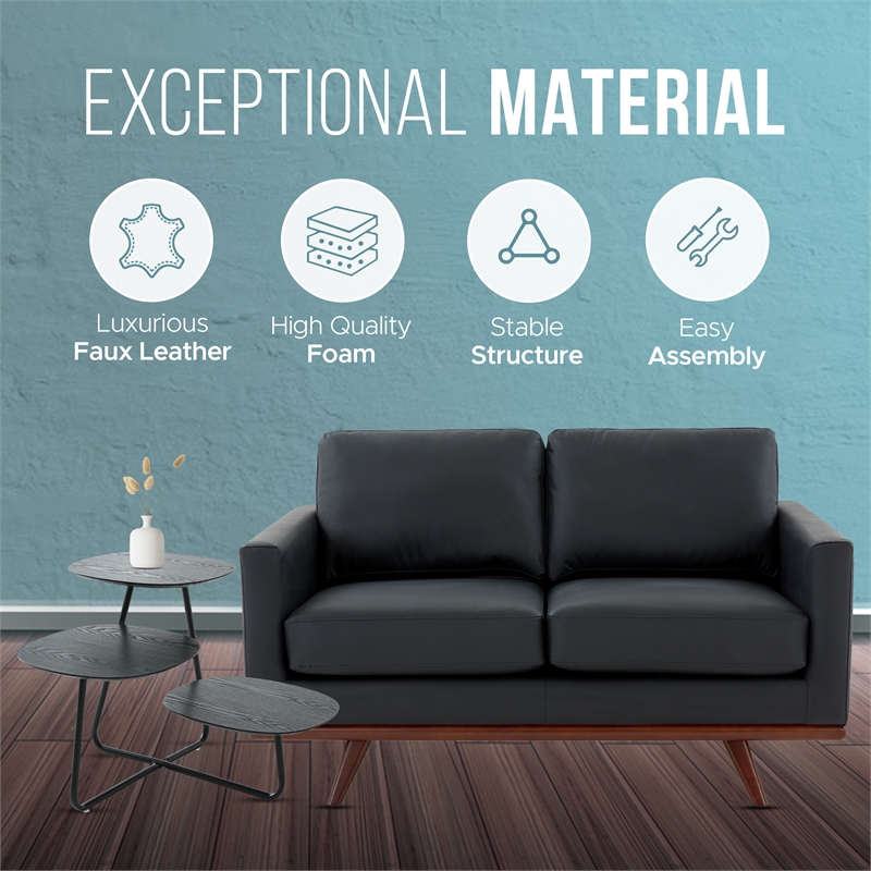 LeisureMod Chester Modern Faux Leather Loveseat With Birch Wood Base Black