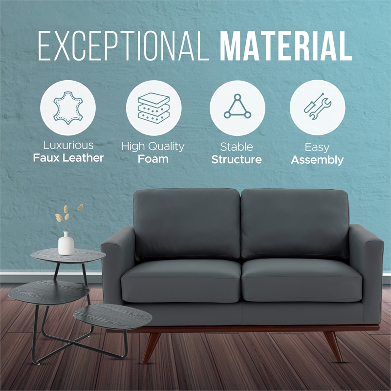 LeisureMod Chester Modern Faux Leather Loveseat With Birch Wood Base Gray