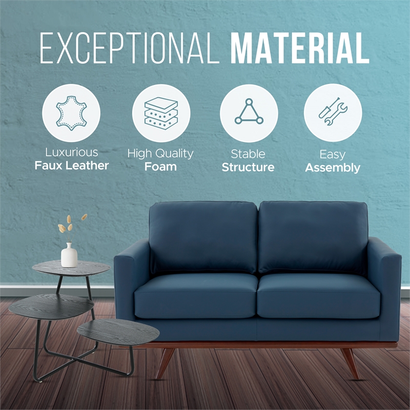 LeisureMod Chester Modern Faux Leather Loveseat With Birch Wood Base Navy Blue